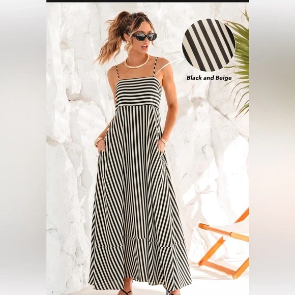 Striped Black and White Maxi Dress - Picture 4 of 6